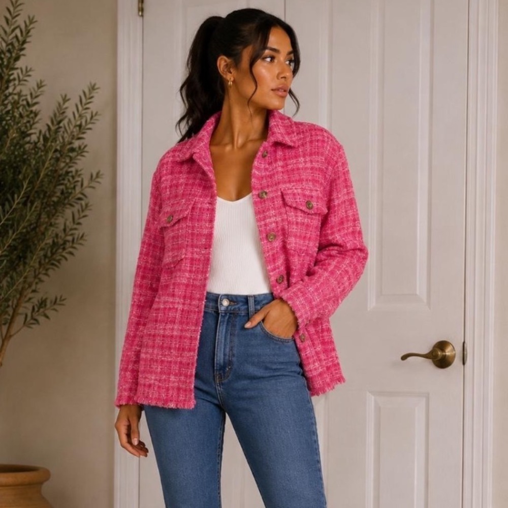 Zara Tweed Shirt Jacket Women Medium Pink Plaid Frayed Hem Shacket 9006/705